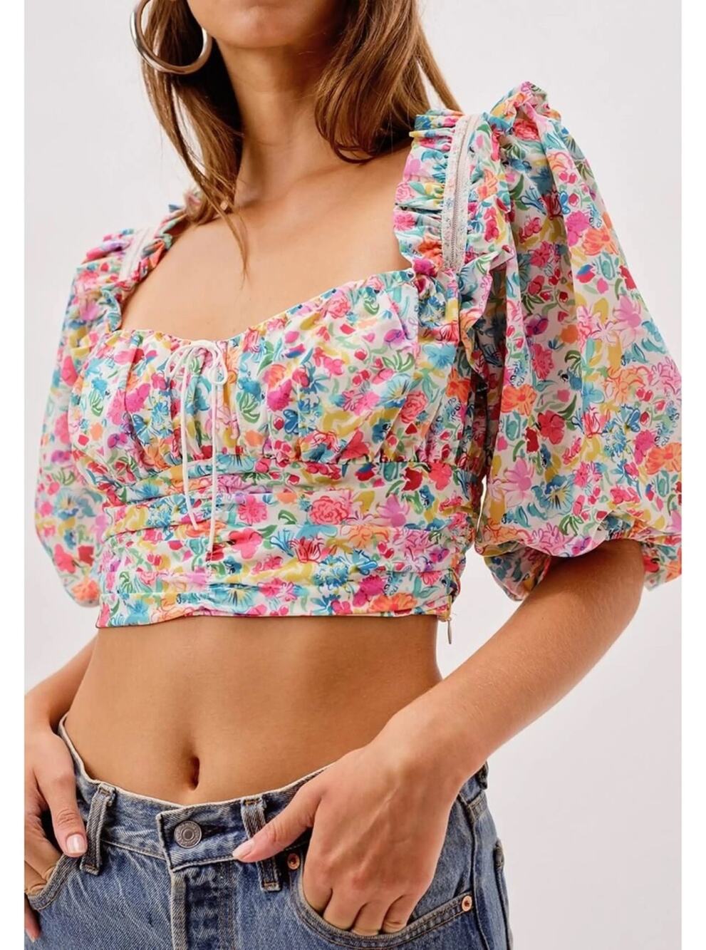 For Love & Lemons Floral Claude Puff Sleeve Crop Top Pink Blue Size Large